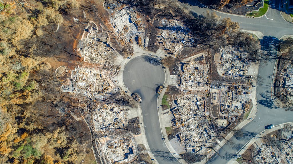 Aerial view of Santa Rosa neighborhood devastated by Tubbs Fire. Burned homes visible.