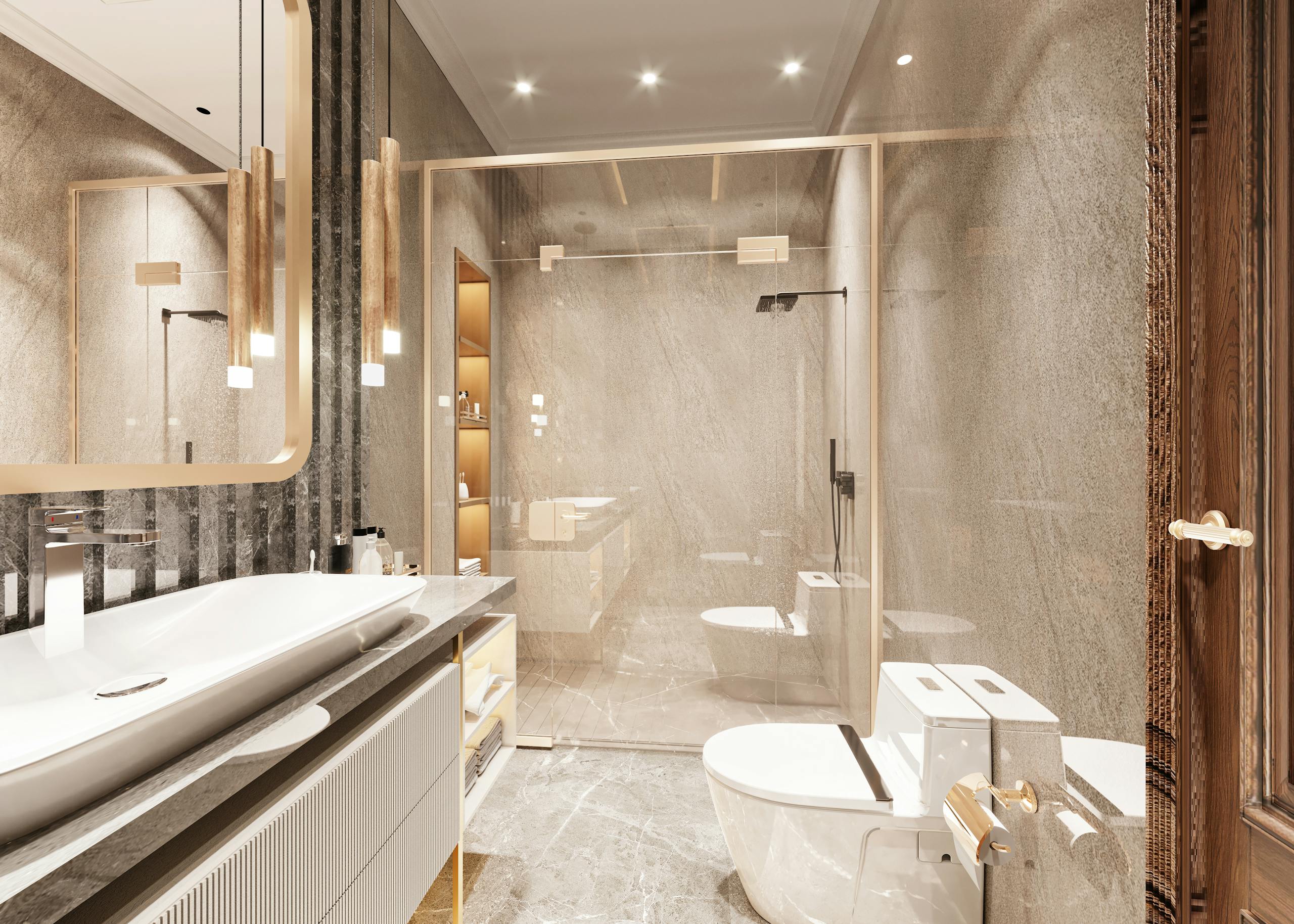 Sophisticated bathroom design with elegant fixtures and marble surfaces.